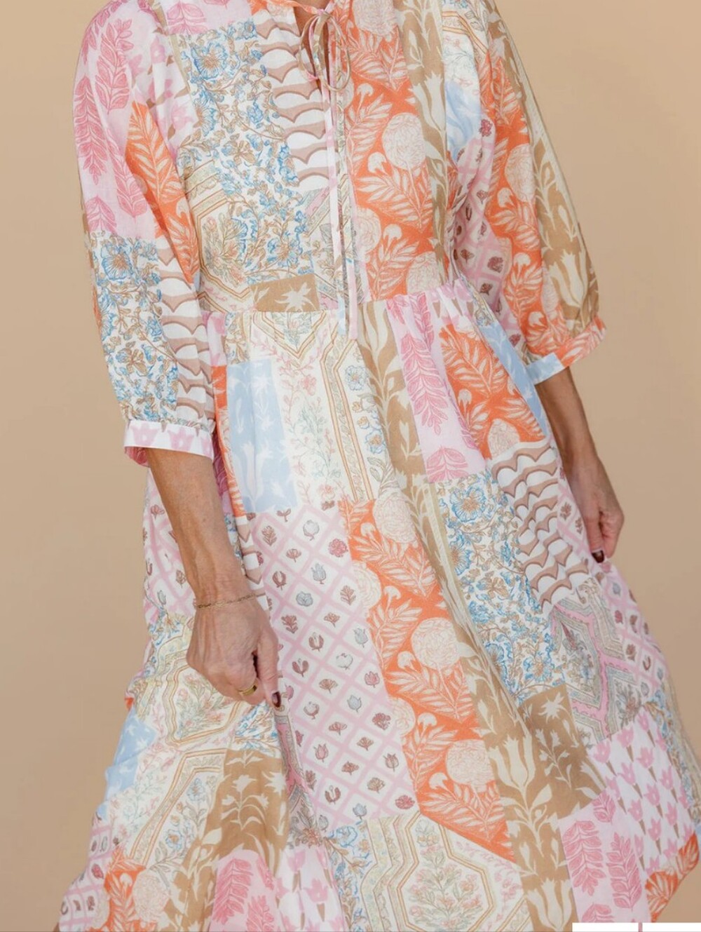 Spring Meadow Midi Patchwork Print Dress Polagram Lined Pockets Pink Blue